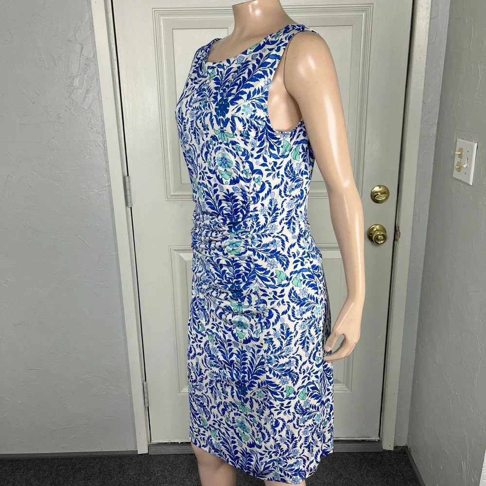 Tory Burch Womens Dress M Party Ruched Blue Floral Sleeveless Knit X3-28